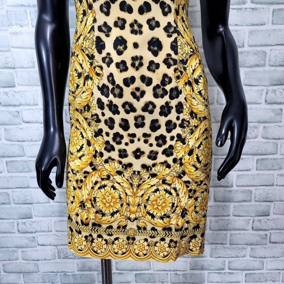 Vintage 90s Bloomingdales Womens 4P Silk Leopard Gold Filigree Mini Sheath Dress - Picture 3 of 7